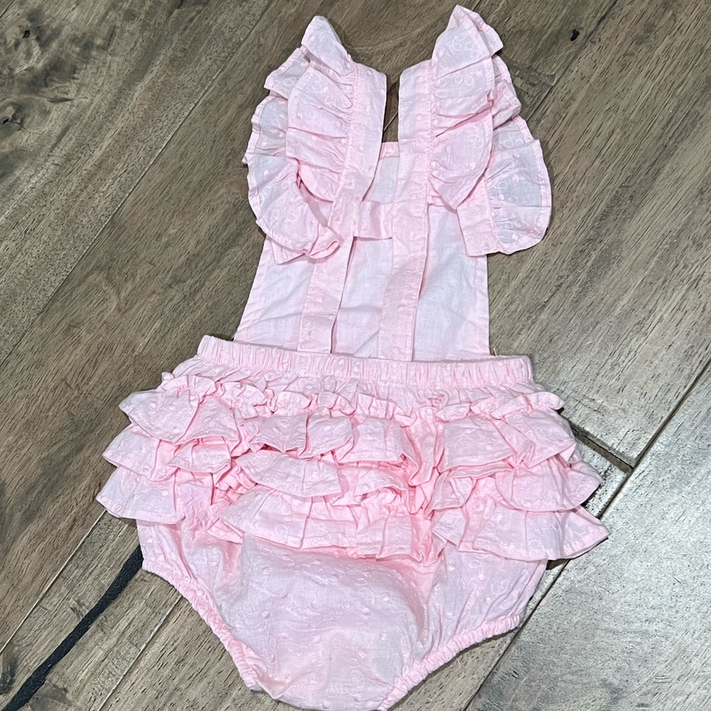 Baby infant 6-12 month Ruffle Butts Woven Flutter Overall Romper - Picture 4 of 6